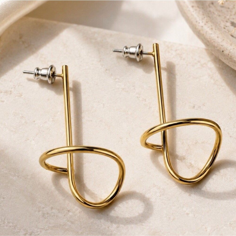 Gold Tone Abstract Loop Drop Earrings Modern Minimalist Geometric Statement